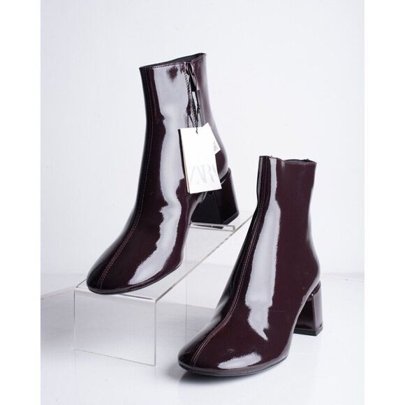 Zara Shoes - Zara Womens Ankle Boots Faux Patent US 8 EU 39 Round toe Burgundy 3129/410 NWT